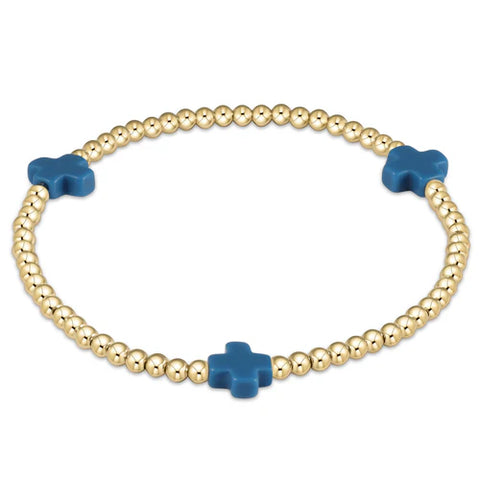 Signature Cross 3mm Beaded Gold Bracelet- Cobalt