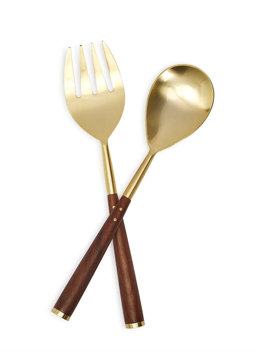 Acacia Wood & Gold Salad Servers