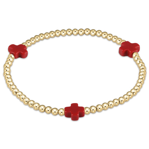 Signature Cross 3mm Beaded Gold Bracelet- Red