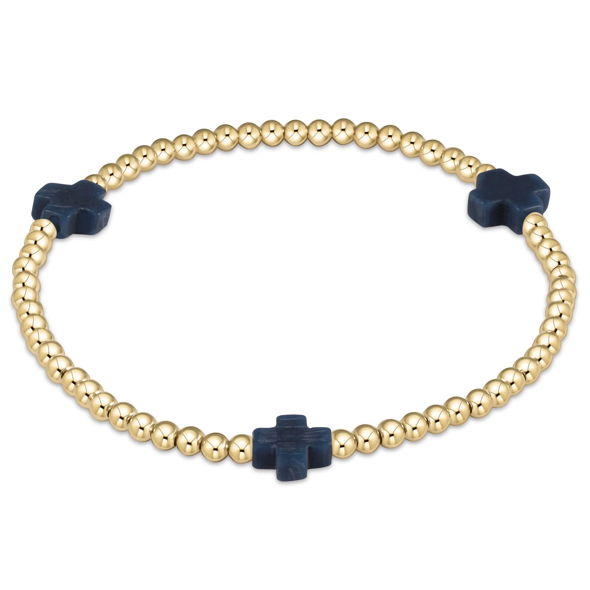 Signature Cross 3mm Beaded Gold Bracelet- Navy