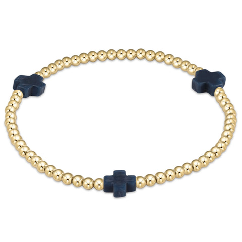 Signature Cross 3mm Beaded Gold Bracelet- Navy