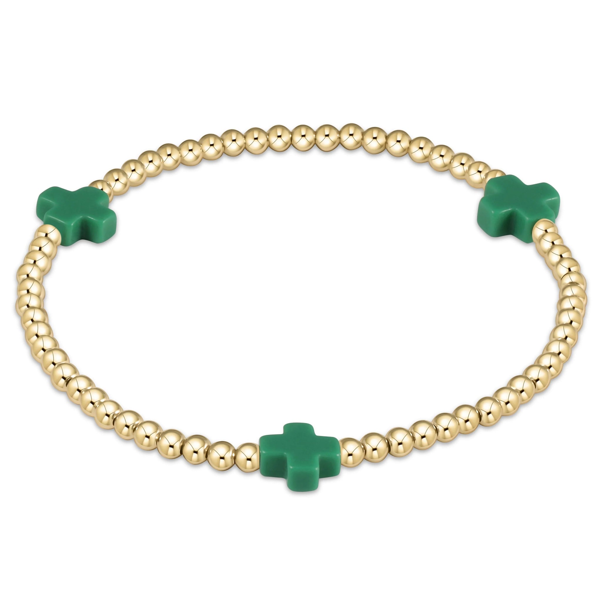 Signature Cross 3mm Beaded Gold Bracelet- Emerald