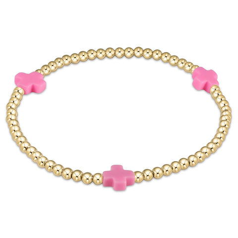 Signature Cross 3mm Gold Beaded Bracelet- Bright Pink