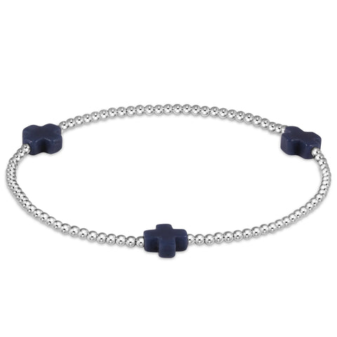 Signature Cross 3mm Beaded Silver Bracelet- Navy