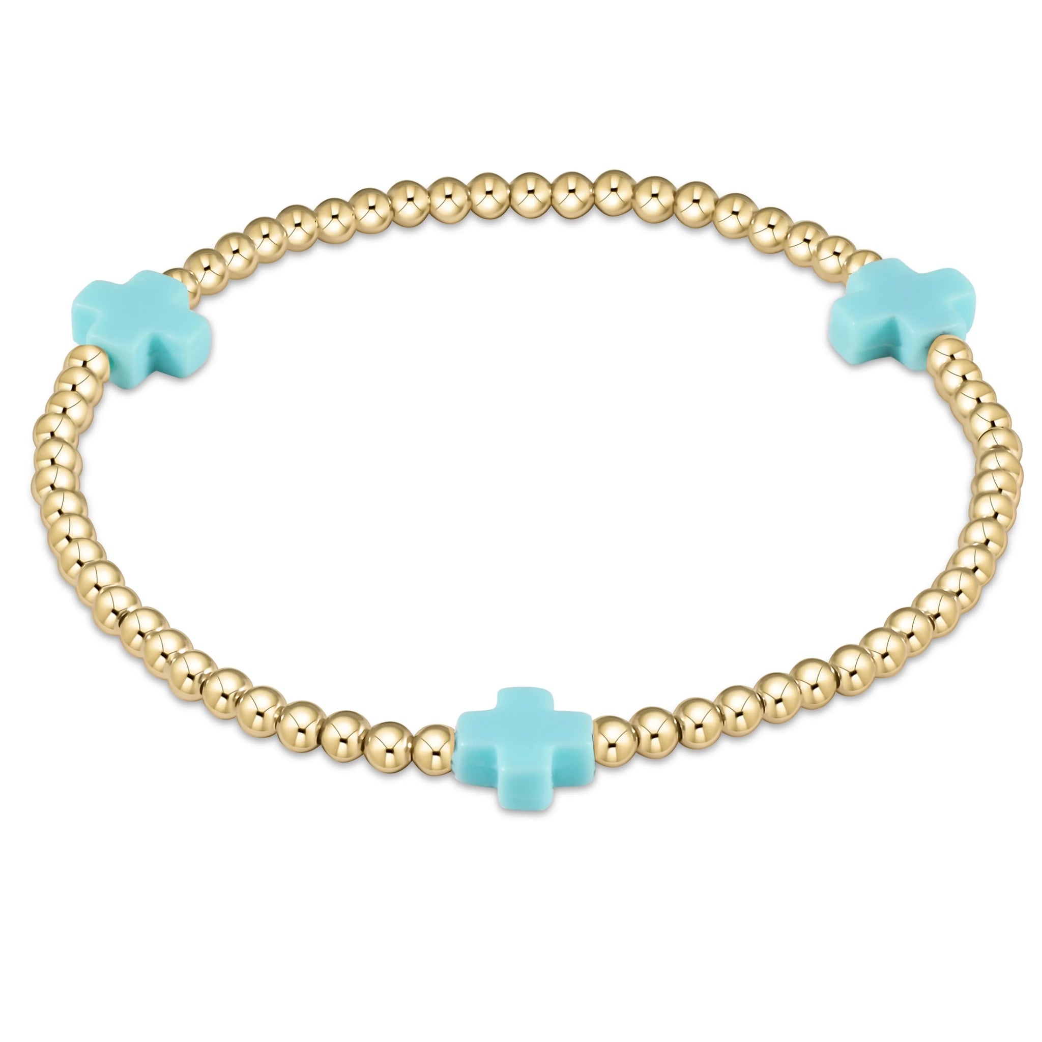 Signature Cross 3mm Beaded Gold Bracelet- Turquoise